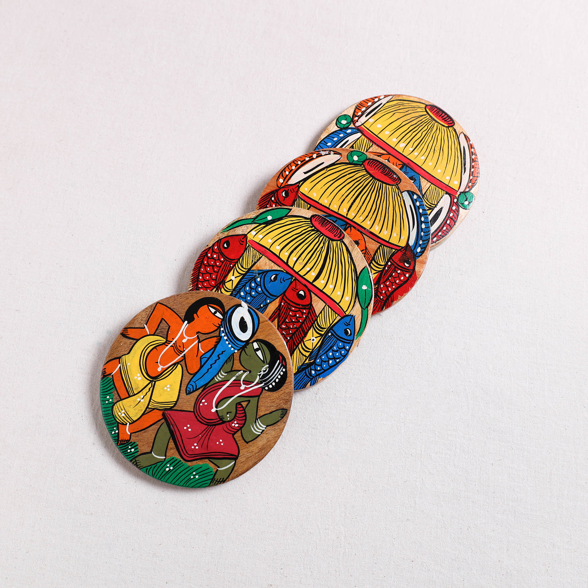 Bengal Patua Handpainted Akashmoni Wooden Coasters (Set of 4) 06