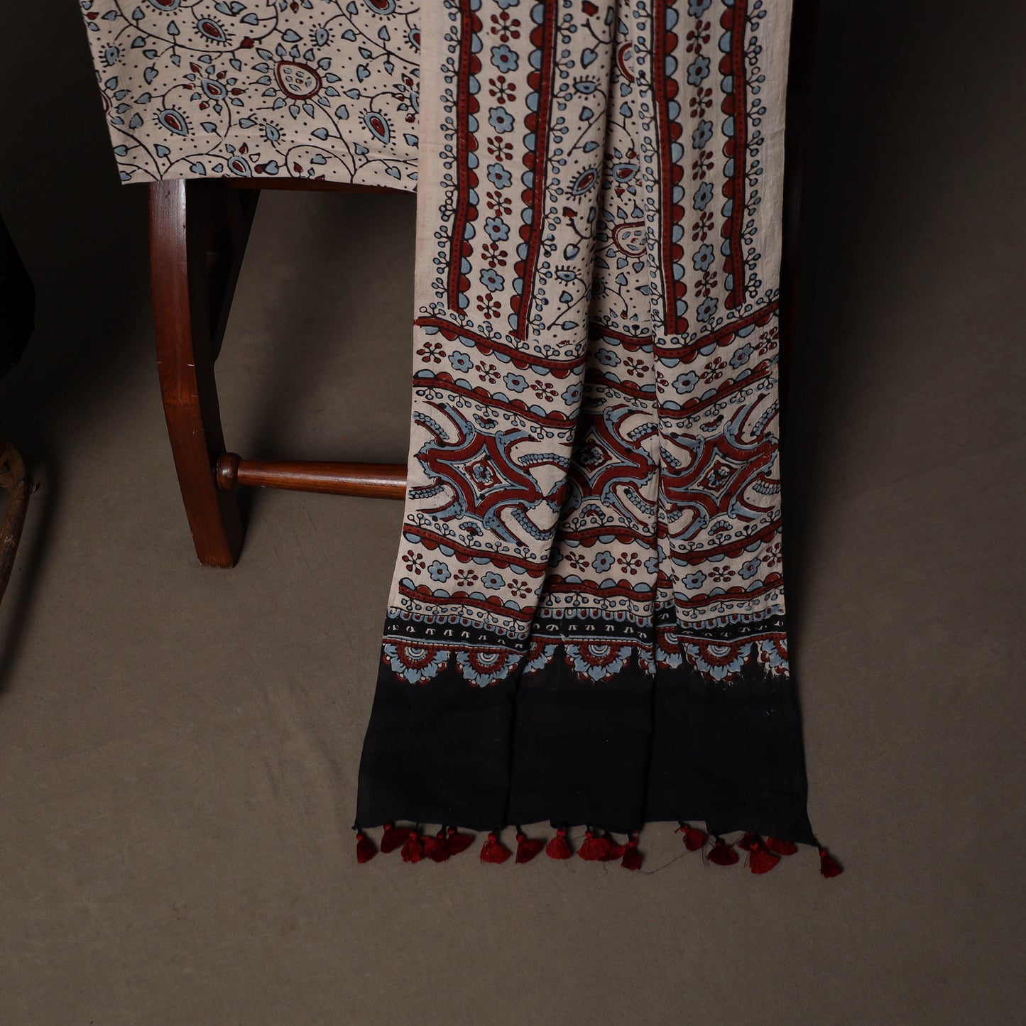 Ajrakh Hand Block Print Natural Dyed Cotton 3pc Unstitched Dress Material Suit Set 06