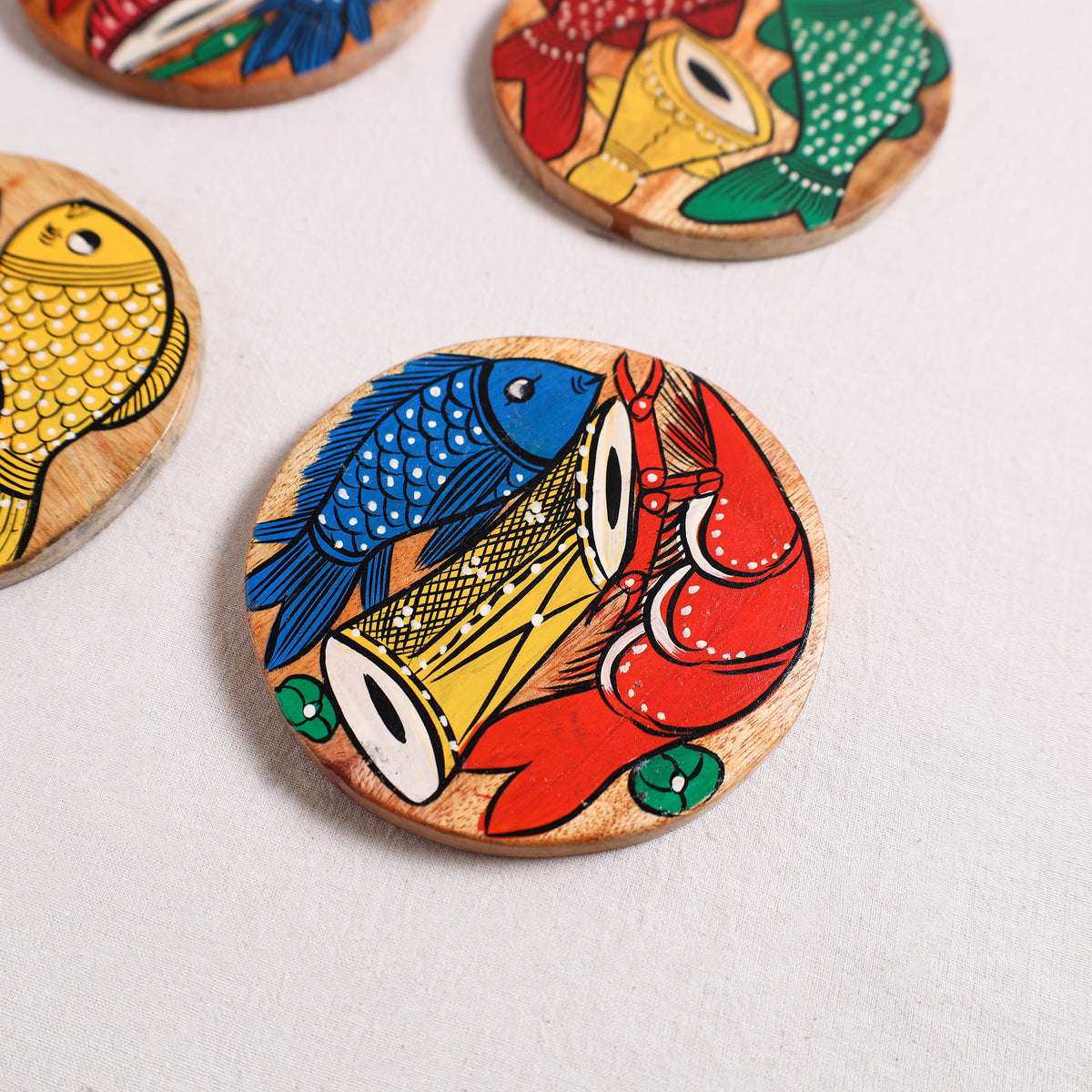 Bengal Patua Handpainted Akashmoni Wooden Coasters (Set of 4) 07