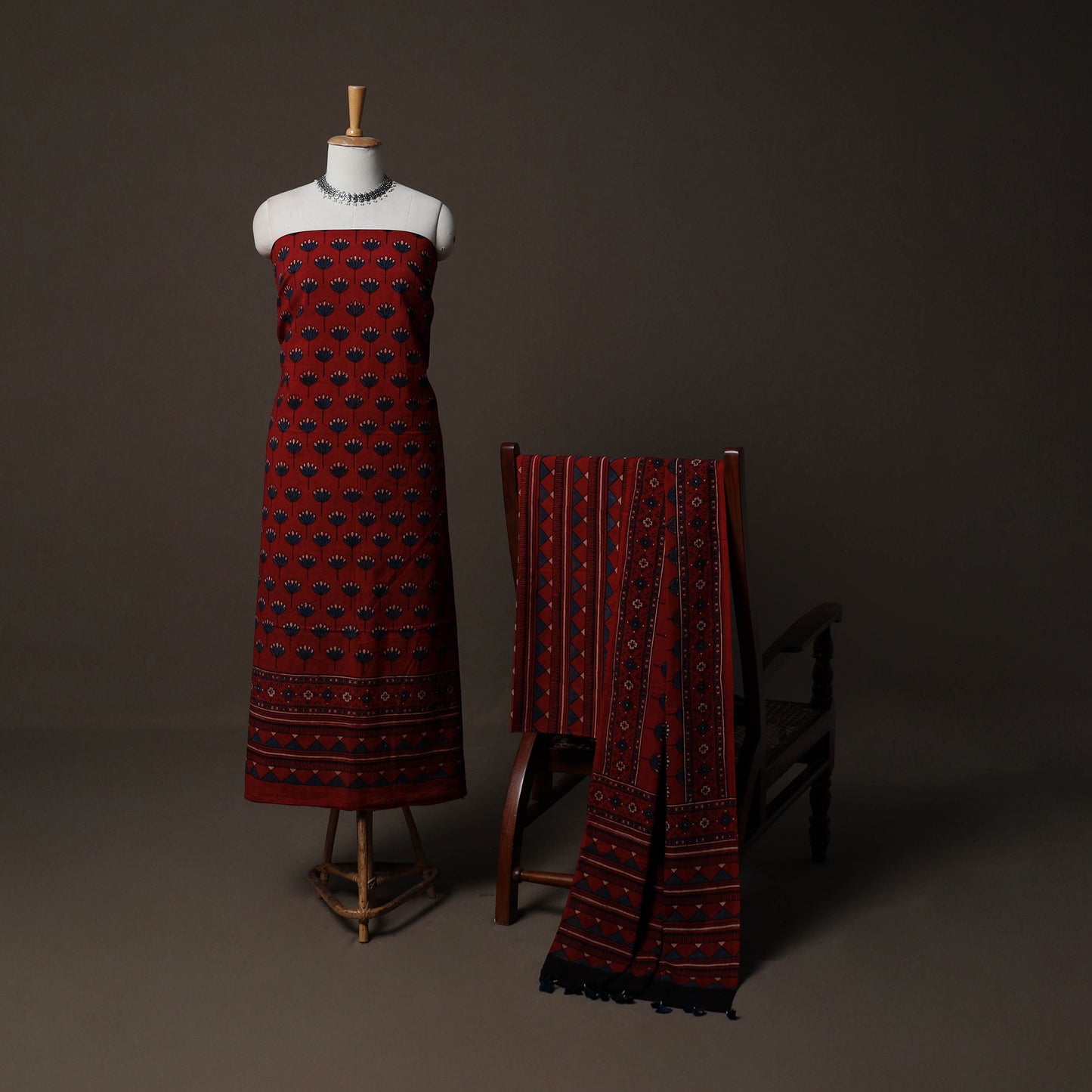 Ajrakh Hand Block Print Natural Dyed Cotton 3pc Unstitched Dress Material Suit Set 05