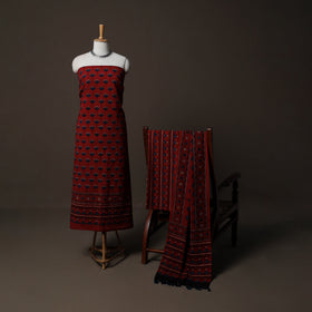 Ajrakh Hand Block Print Natural Dyed Cotton 3pc Unstitched Dress Material Suit Set 05