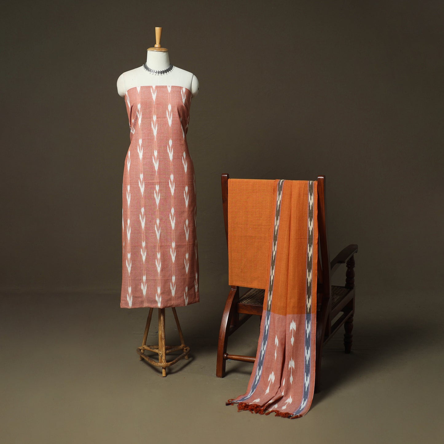 Brown - Pochampally Ikat Weave 3pc Cotton Unstitched Dress Material Suit Set 85
