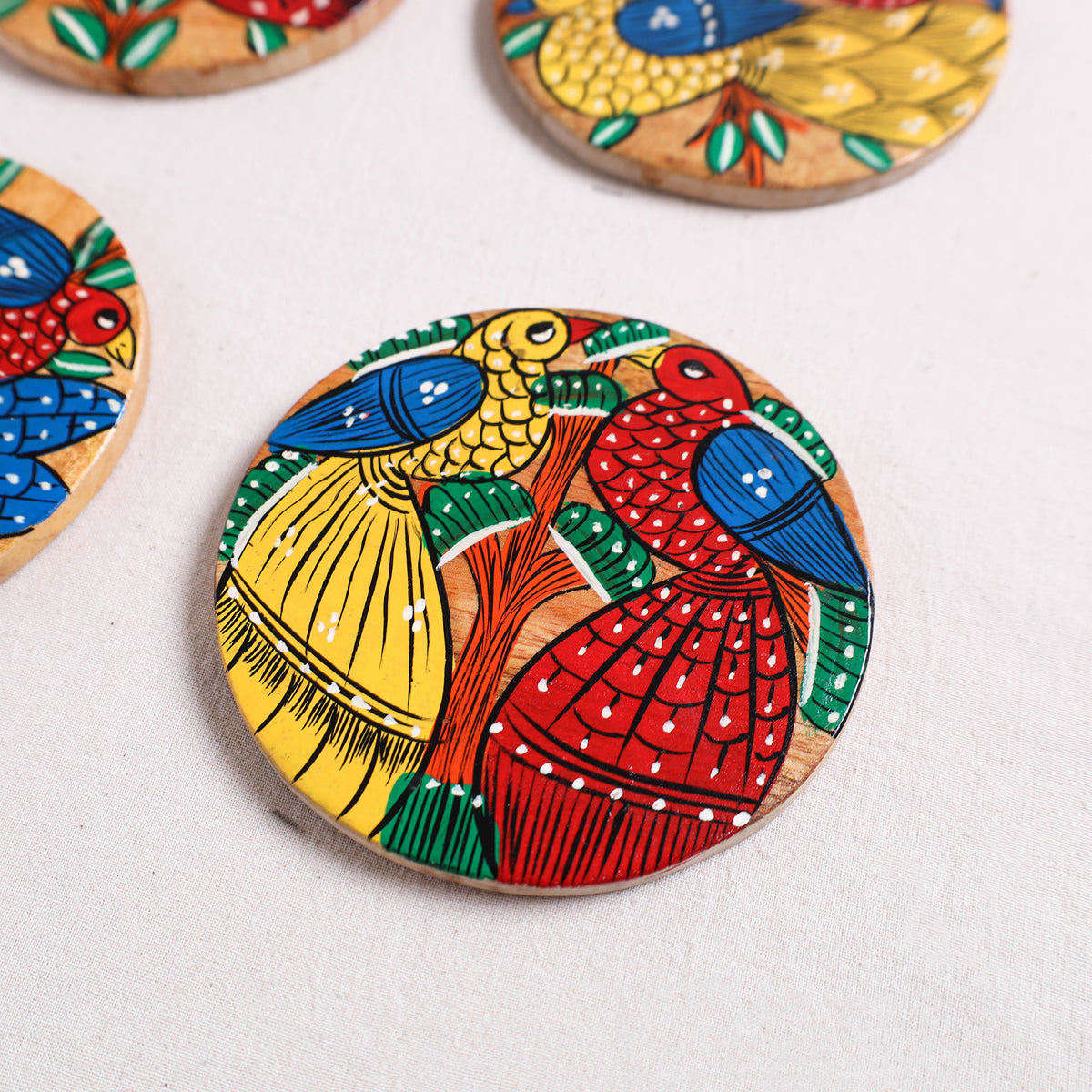 Bengal Patua Handpainted Akashmoni Wooden Coasters (Set of 4) 08