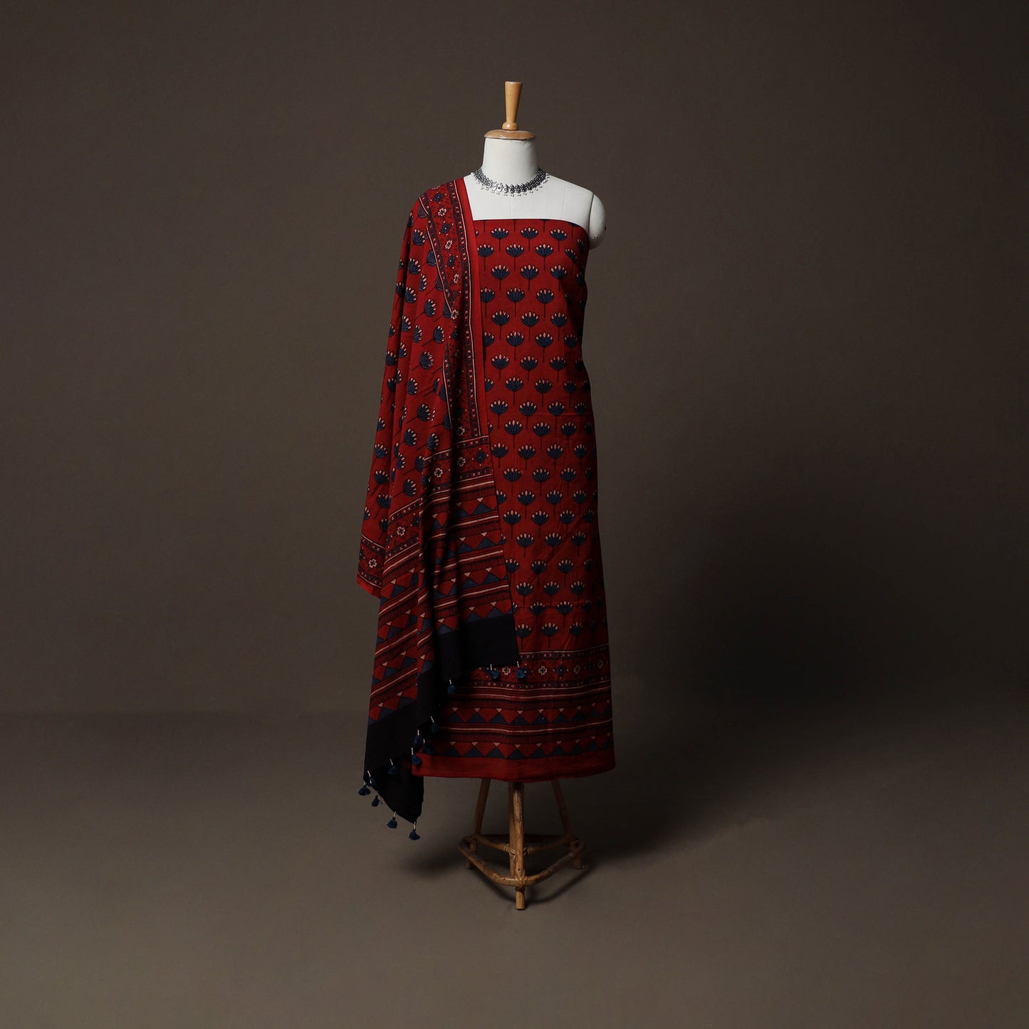 Ajrakh Hand Block Print Natural Dyed Cotton 3pc Unstitched Dress Material Suit Set 05