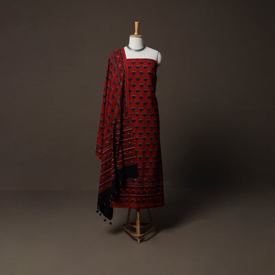 Ajrakh Hand Block Print Natural Dyed Cotton 3pc Unstitched Dress Material Suit Set 05