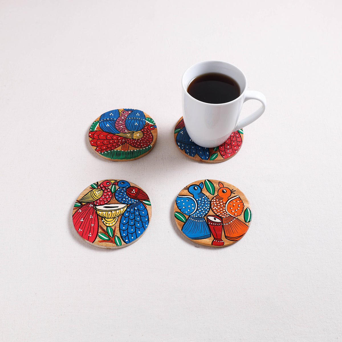 Multicolor - Bengal Patua Handpainted Akashmoni Wooden Coasters (Set of 4) 09