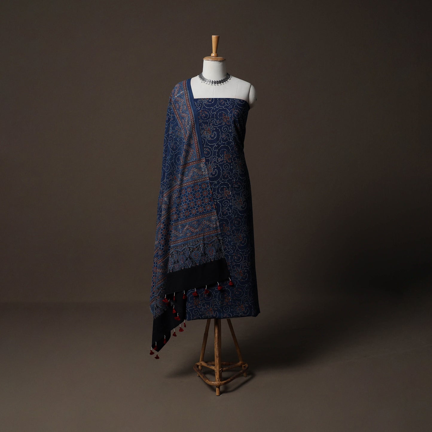 Ajrakh Hand Block Print Natural Dyed Cotton 2pc Unstitched Dress Material Kurta Set 08