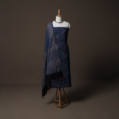 Ajrakh Hand Block Print Natural Dyed Cotton 2pc Unstitched Dress Material Kurta Set 08