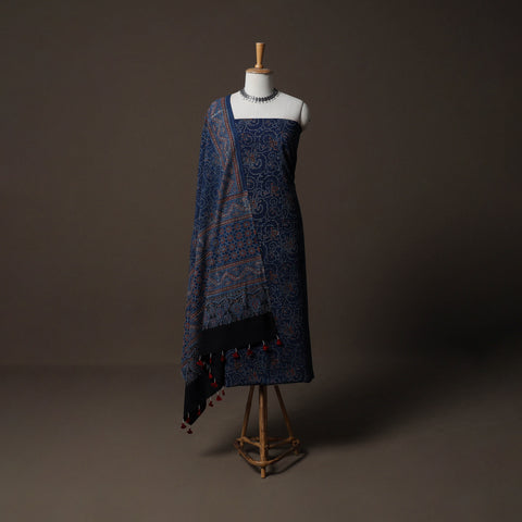 Ajrakh Hand Block Print Natural Dyed Cotton 2pc Unstitched Dress Material Kurta Set 08