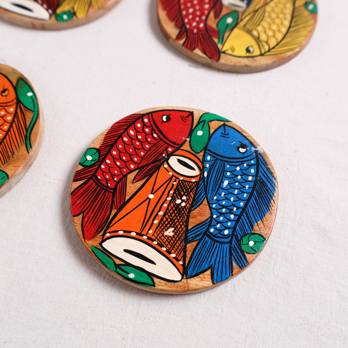 Bengal Patua Handpainted Akashmoni Wooden Coasters (Set of 4) 10