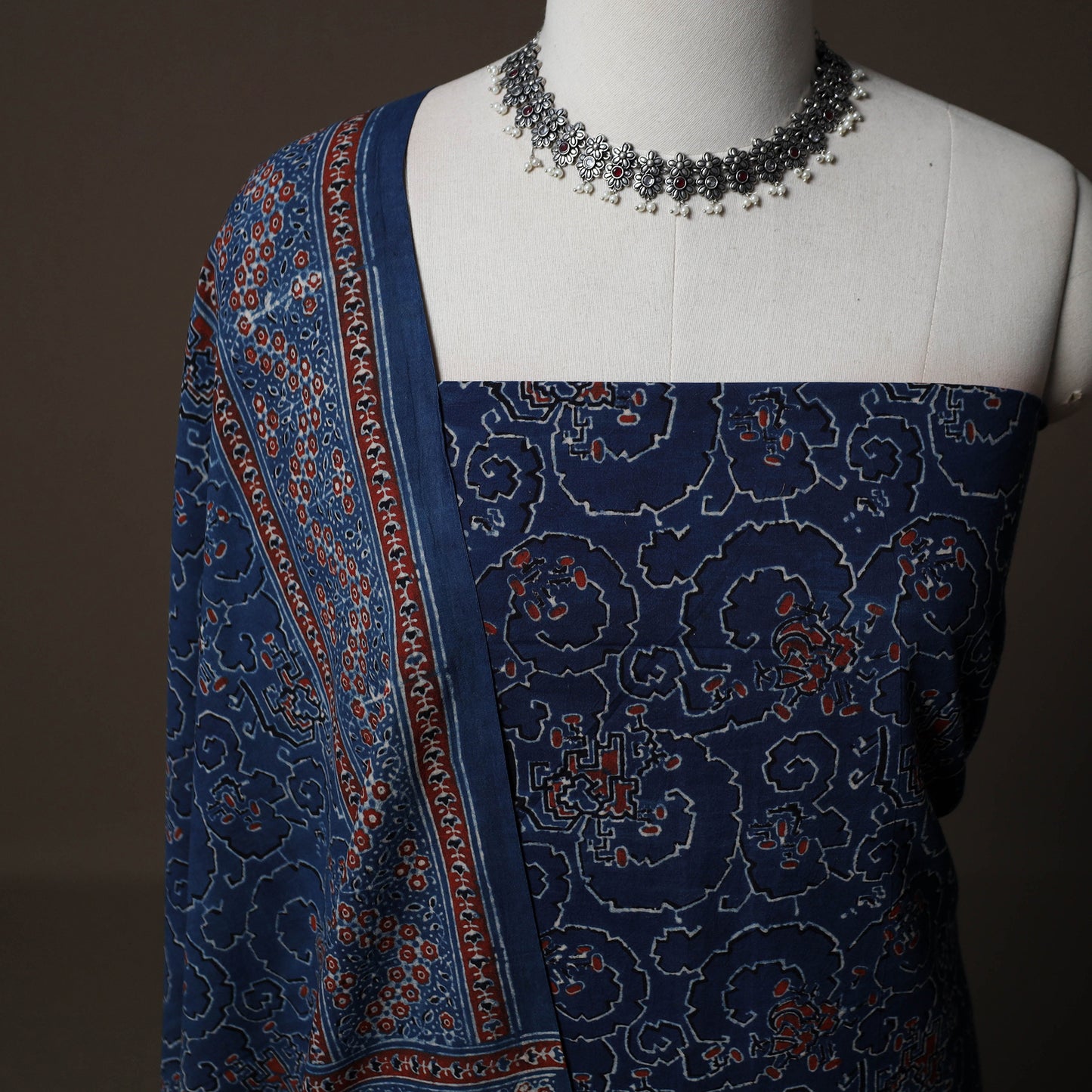 Ajrakh Hand Block Print Natural Dyed Cotton 2pc Unstitched Dress Material Kurta Set 08