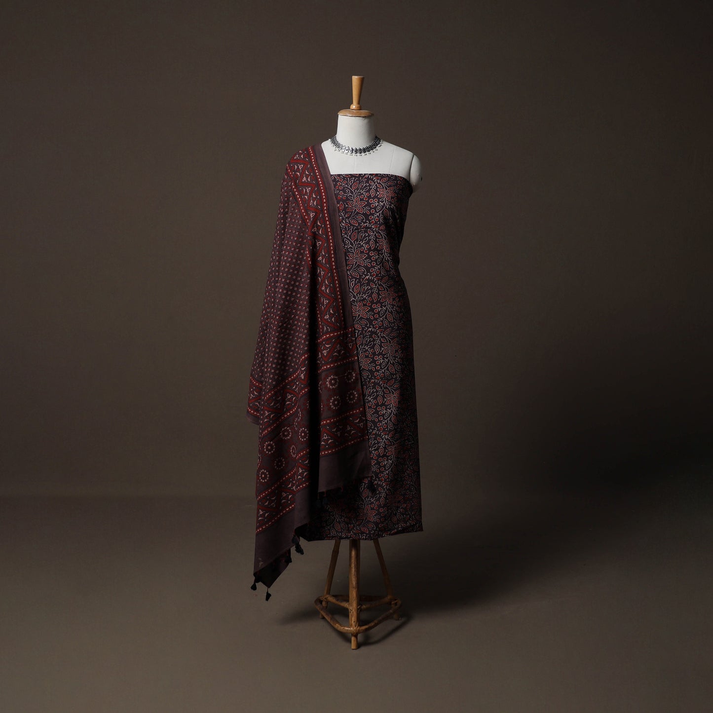 Ajrakh Hand Block Print Natural Dyed Cotton 2pc Unstitched Dress Material Kurta Set 09