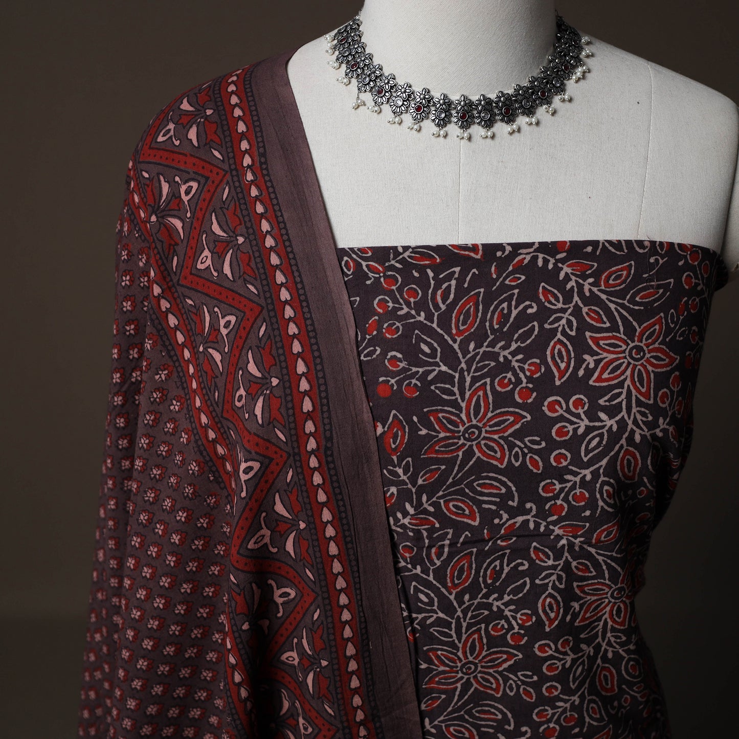 Ajrakh Hand Block Print Natural Dyed Cotton 2pc Unstitched Dress Material Kurta Set 09