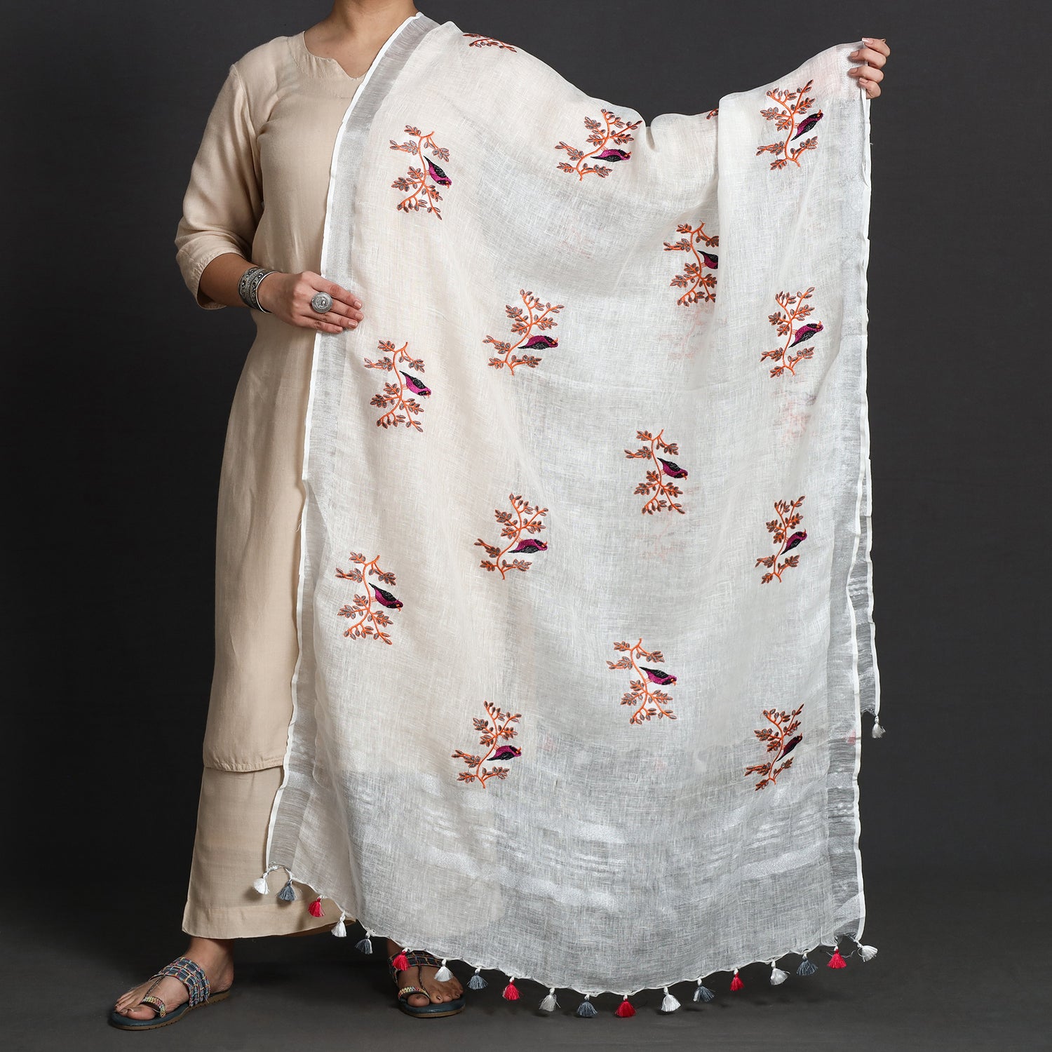 pure linen hand embroidery dupatta with tassels pure linen hand ...