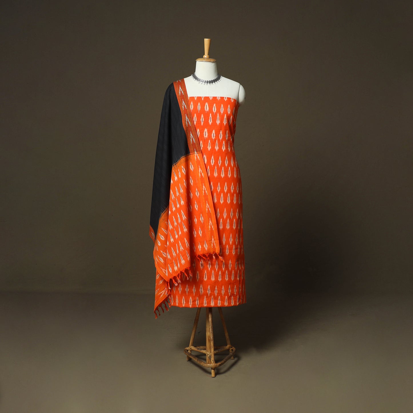 Orange - Pochampally Ikat Weave 3pc Cotton Unstitched Dress Material Suit Set 88