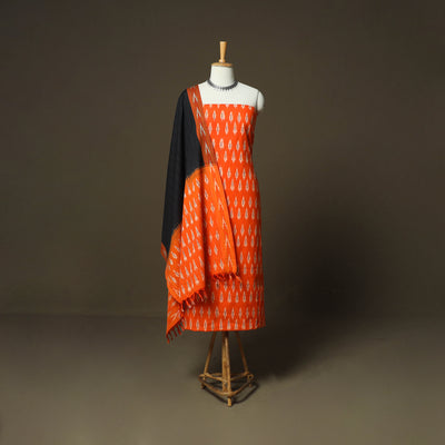 Orange - Pochampally Ikat Weave 3pc Cotton Unstitched Dress Material Suit Set 88