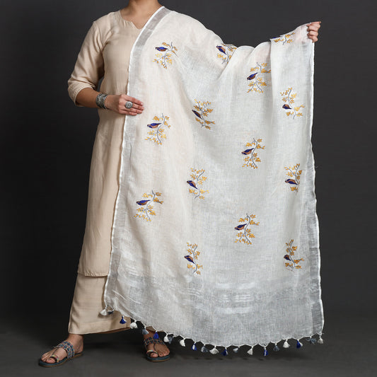 White - Pure Linen Hand Embroidery Dupatta with Tassels