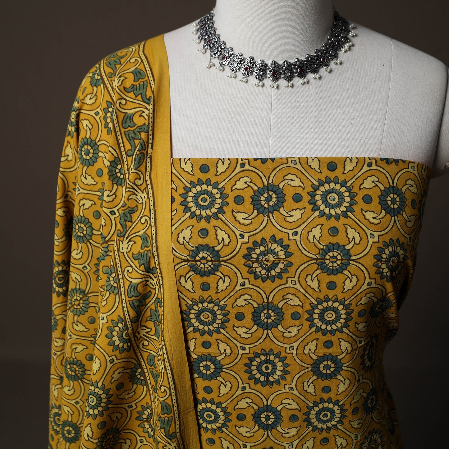 Ajrakh Hand Block Print Natural Dyed Cotton 2pc Unstitched Dress Material Kurta Set 11