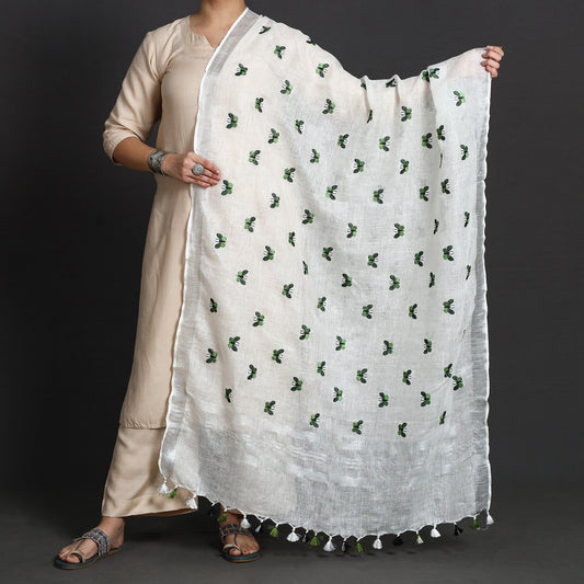 White - Pure Linen Hand Embroidery Dupatta with Tassels