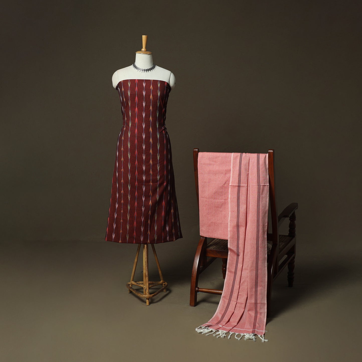 Maroon - Pochampally Ikat Weave Cotton 3pc Unstitched Dress Material Suit Set 01