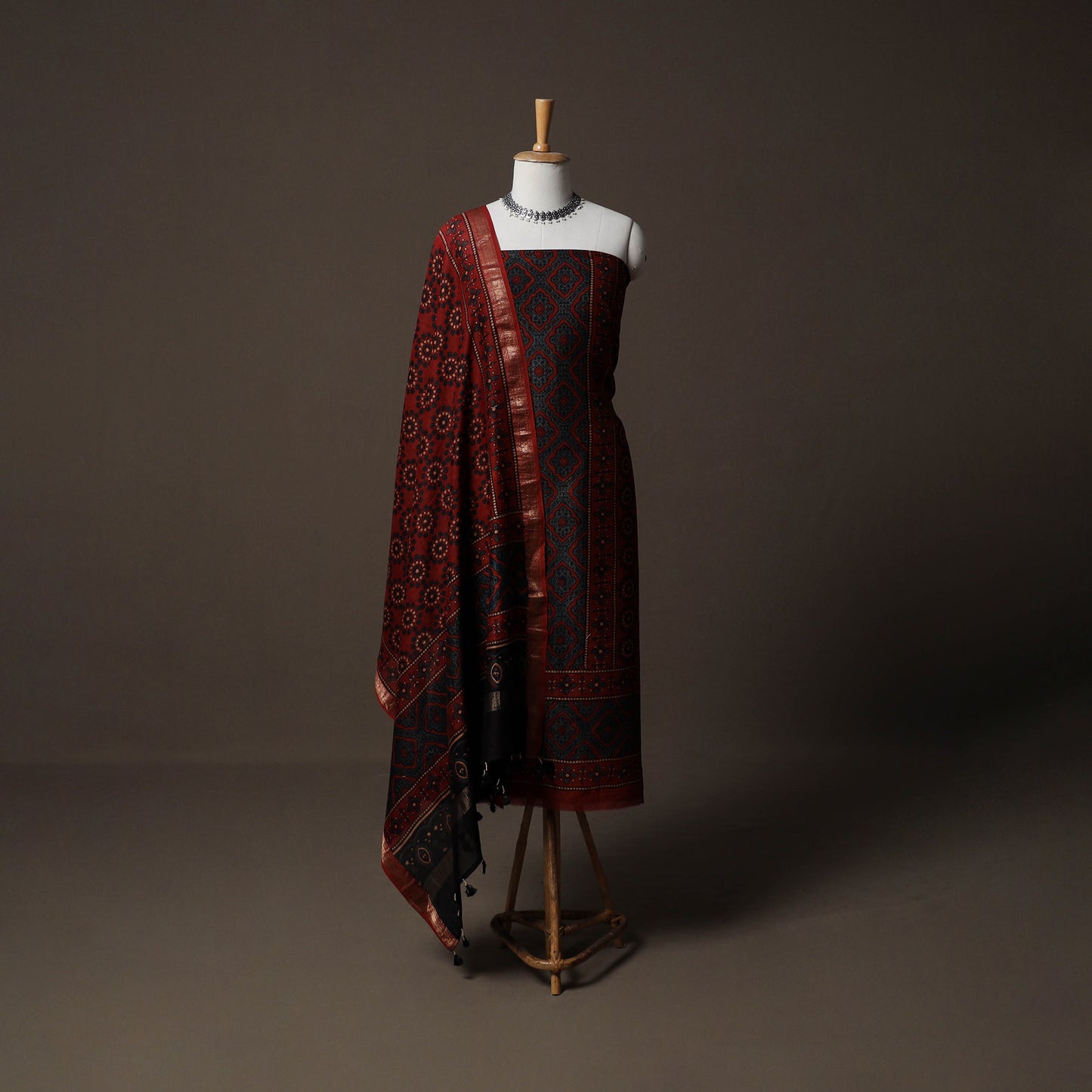 Ajrakh Hand Block Print Natural Dyed Chanderi Silk 2pc Unstitched Dress Material Kurta Set 12
