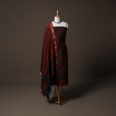 Ajrakh Hand Block Print Natural Dyed Chanderi Silk 2pc Unstitched Dress Material Kurta Set 12