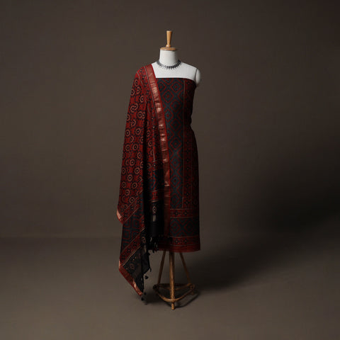 Ajrakh Hand Block Print Natural Dyed Chanderi Silk 2pc Unstitched Dress Material Kurta Set 12