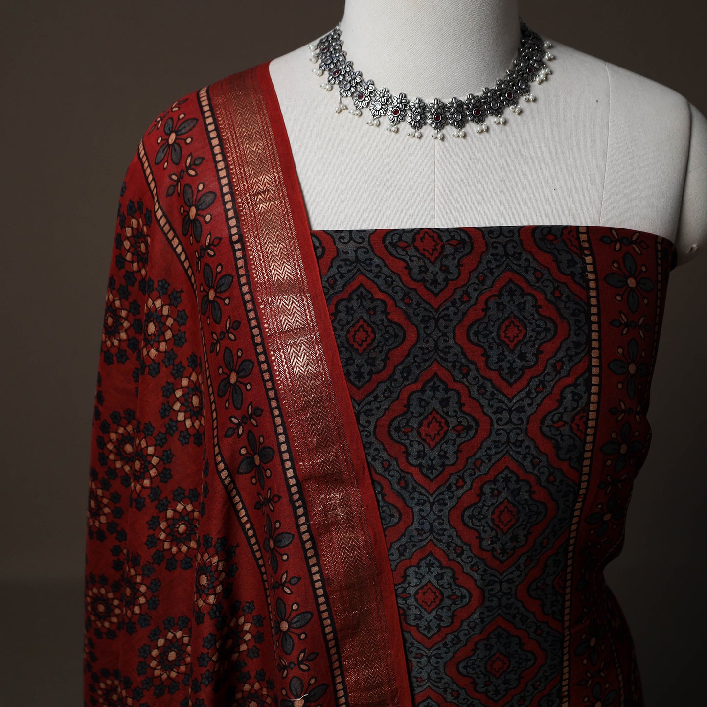 Ajrakh Hand Block Print Natural Dyed Chanderi Silk 2pc Unstitched Dress Material Kurta Set 12