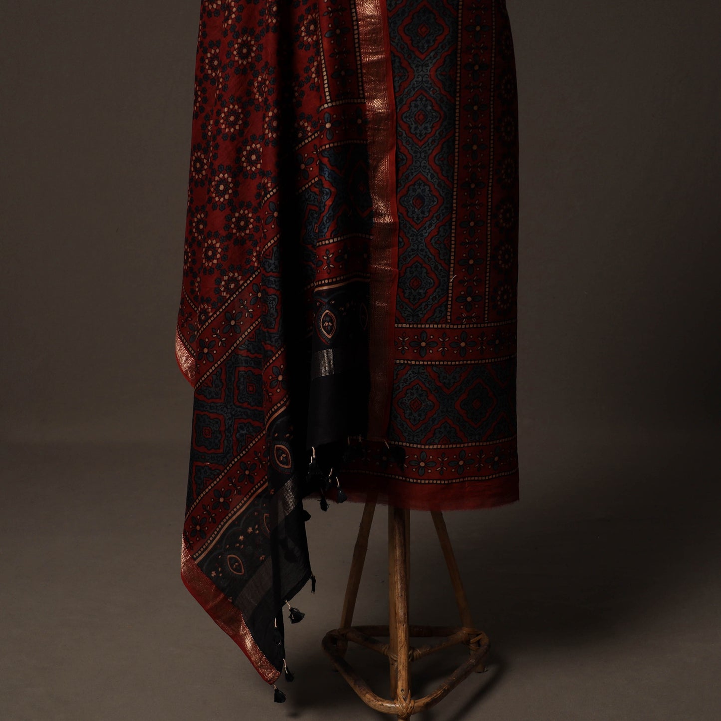 Ajrakh Hand Block Print Natural Dyed Chanderi Silk 2pc Unstitched Dress Material Kurta Set 12