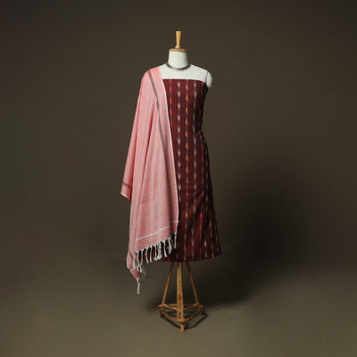 Maroon - Pochampally Ikat Weave Cotton 3pc Unstitched Dress Material Suit Set 01