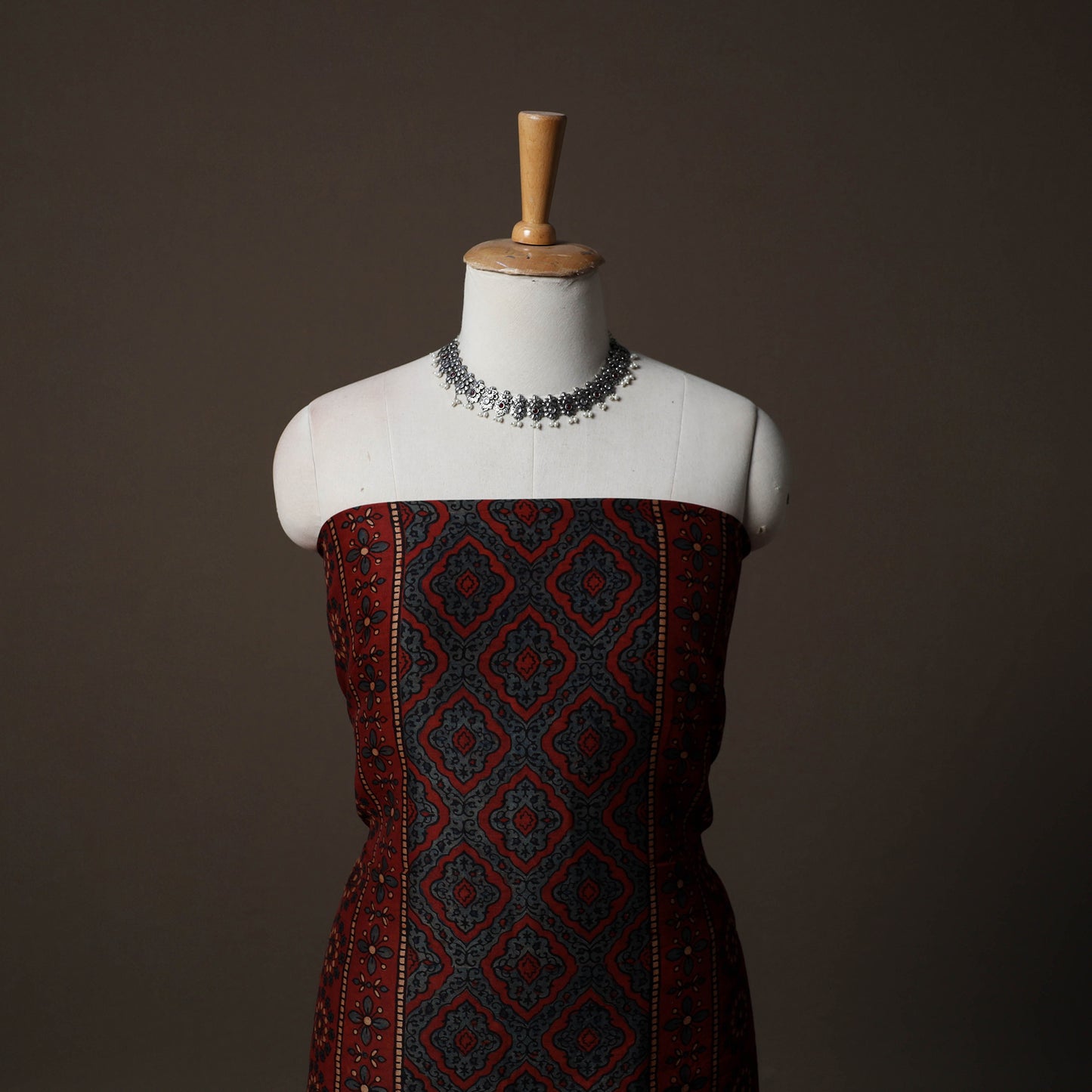 Ajrakh Hand Block Print Natural Dyed Chanderi Silk 2pc Unstitched Dress Material Kurta Set 12