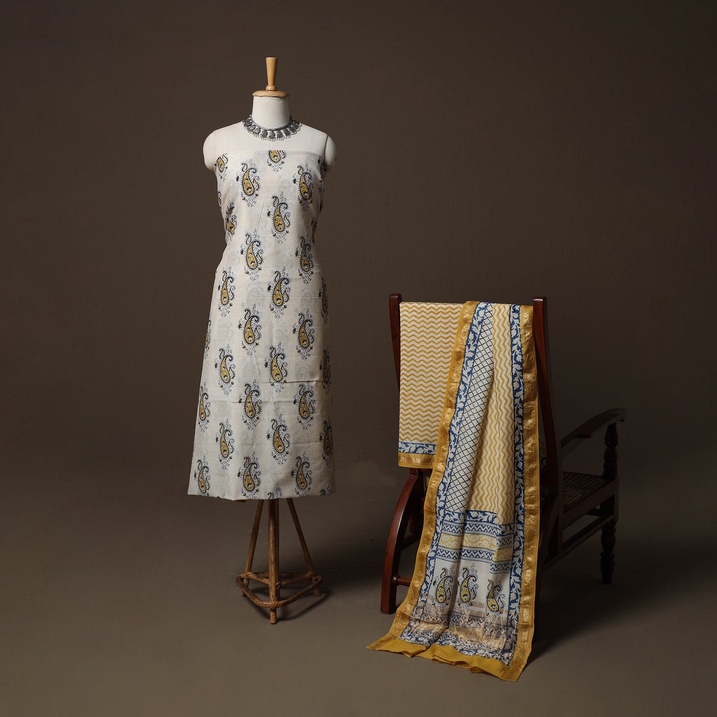 Bagh Hand Block Print Natural Dyed Maheshwari Silk 3pc Unstitched Dress Material Suit Set 02