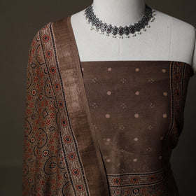 Ajrakh Hand Block Print Natural Dyed Chanderi Silk 2pc Unstitched Dress Material Kurta Set 13