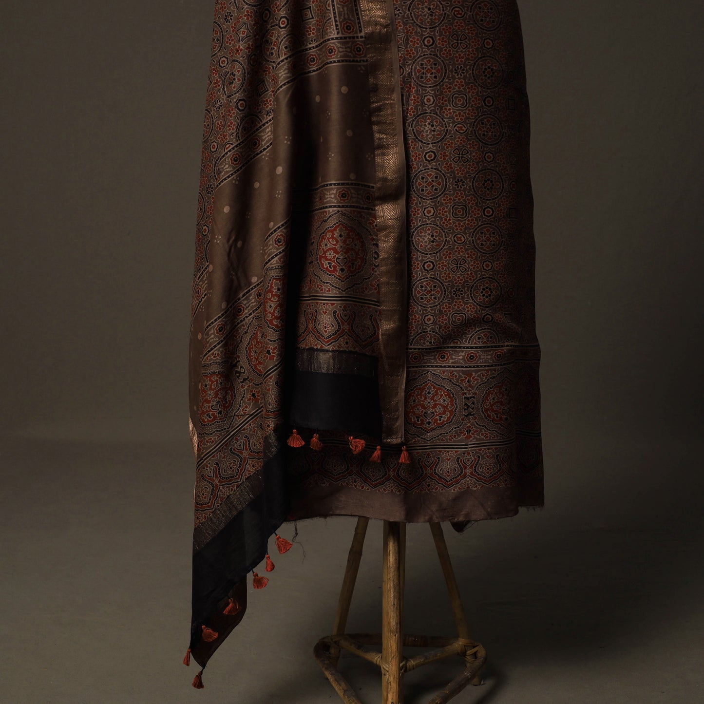 Ajrakh Hand Block Print Natural Dyed Chanderi Silk 2pc Unstitched Dress Material Kurta Set 13