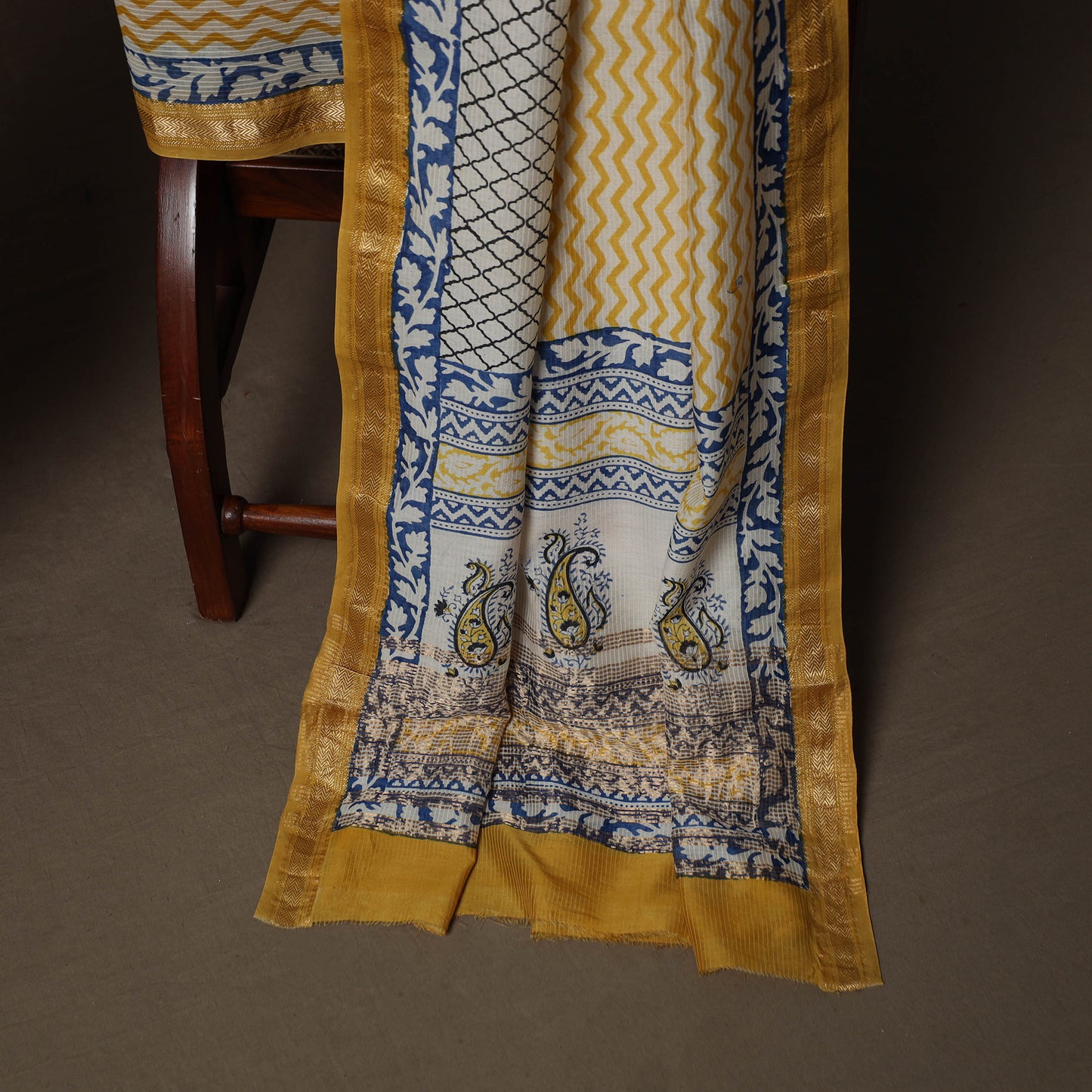 Bagh Hand Block Print Natural Dyed Maheshwari Silk 3pc Unstitched Dress Material Suit Set 02