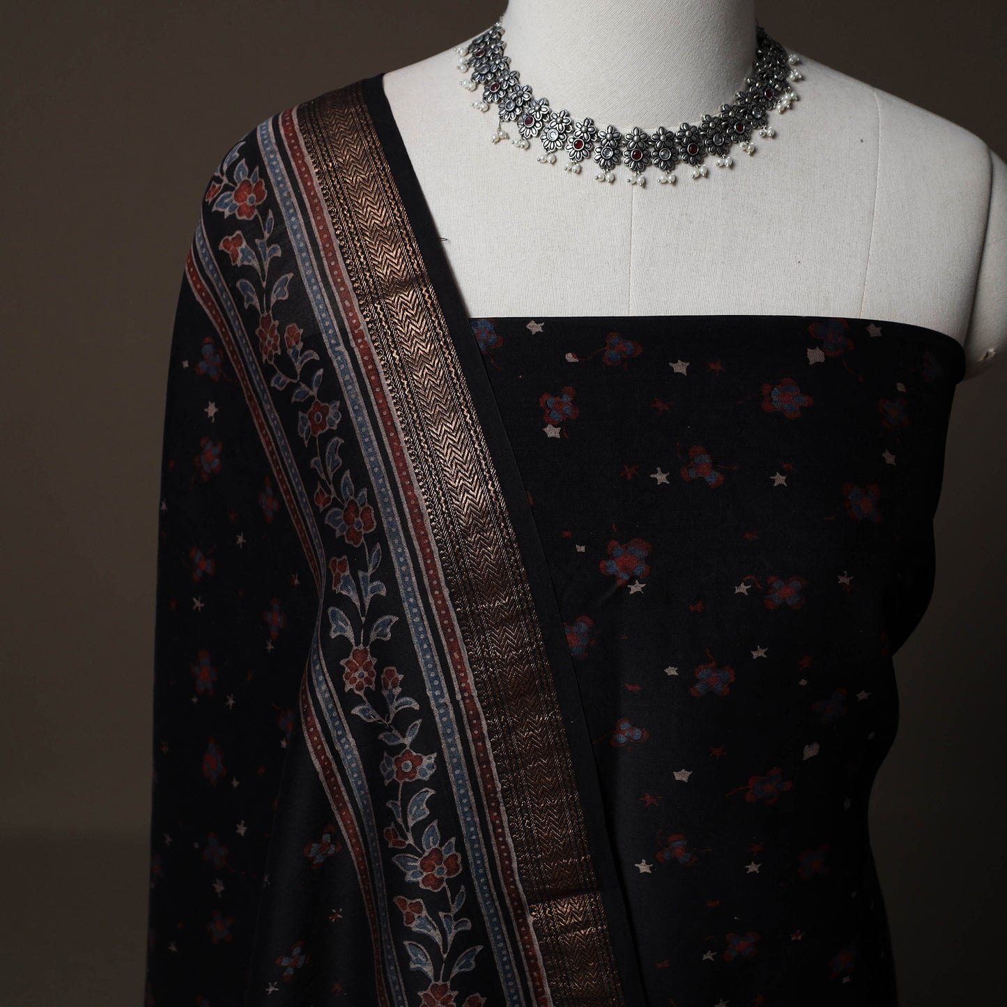 Ajrakh Hand Block Print Natural Dyed Chanderi Silk 2pc Unstitched Dress Material Kurta Set 14