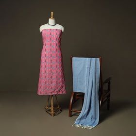 Pink - Pochampally Ikat Weave Cotton 3pc Unstitched Dress Material Suit Set 03
