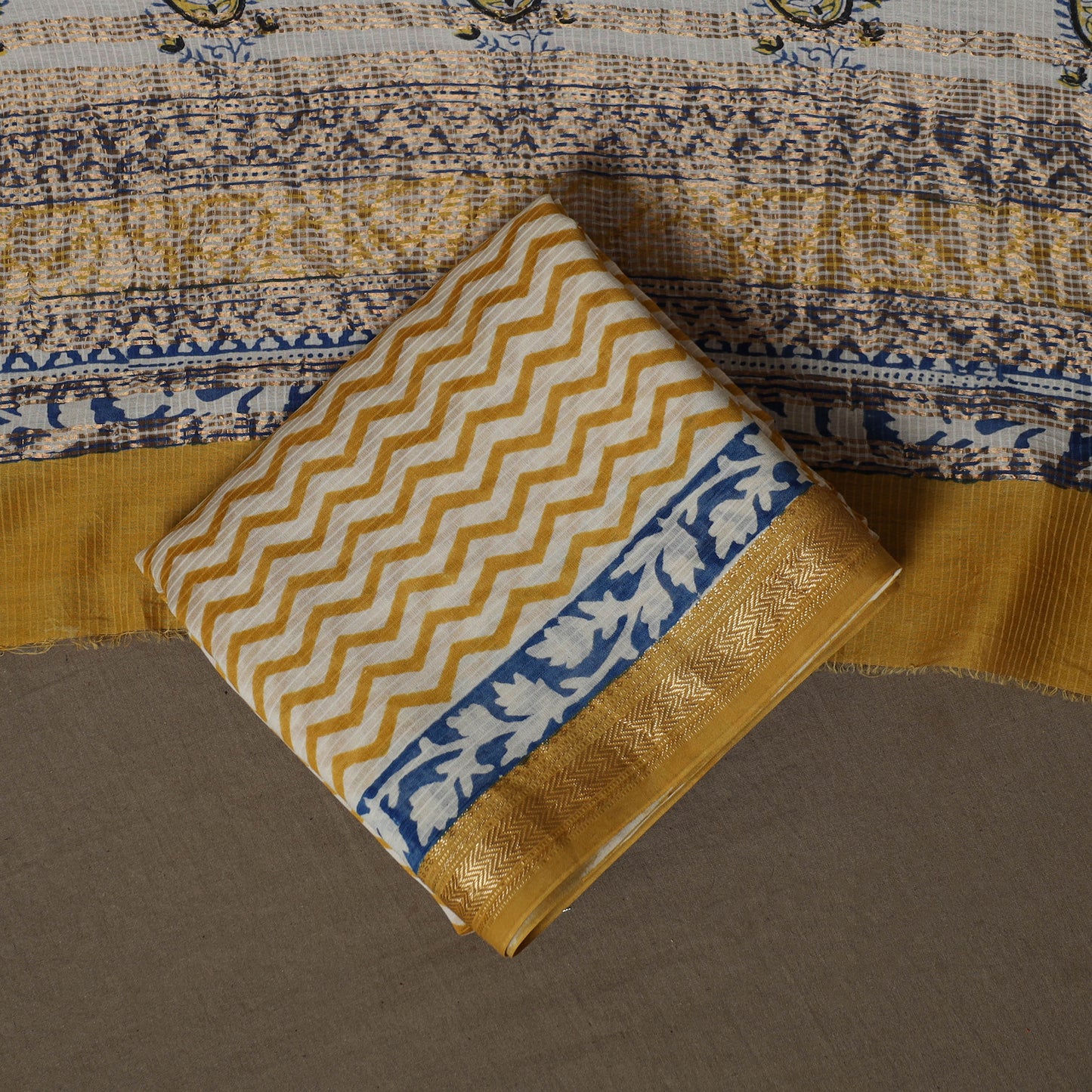 Bagh Hand Block Print Natural Dyed Maheshwari Silk 3pc Unstitched Dress Material Suit Set 02