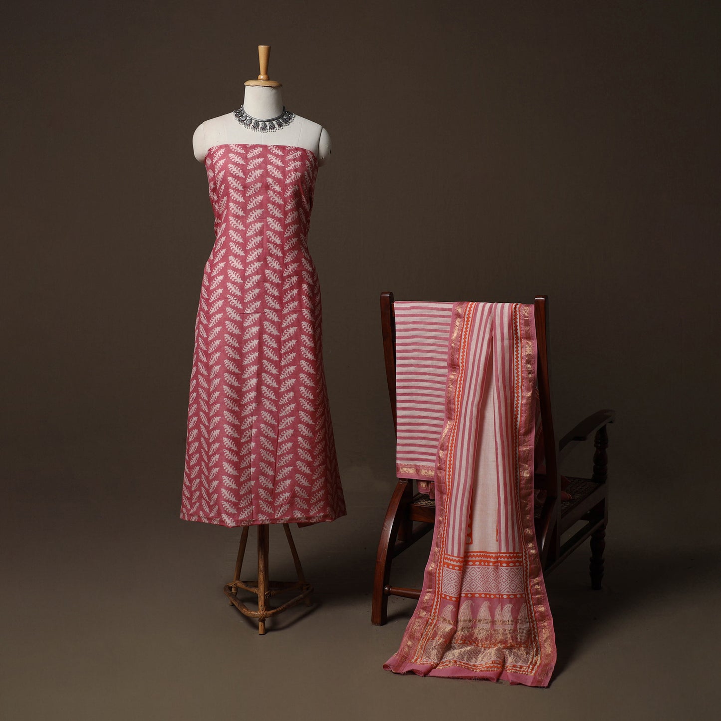 Bagh Hand Block Print Natural Dyed Maheshwari Silk 3pc Unstitched Dress Material Suit Set 03