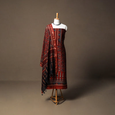 Ajrakh Hand Block Print Natural Dyed Chanderi Silk 2pc Unstitched Dress Material Kurta Set 15