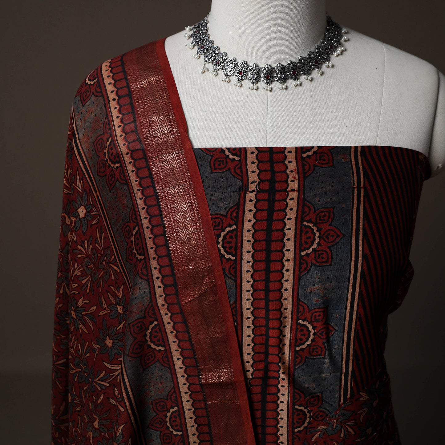 Ajrakh Hand Block Print Natural Dyed Chanderi Silk 2pc Unstitched Dress Material Kurta Set 15