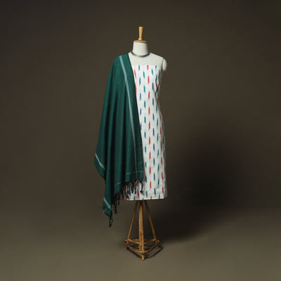 white - Pochampally Ikat Weave Cotton 3pc Unstitched Dress Material Suit Set 04