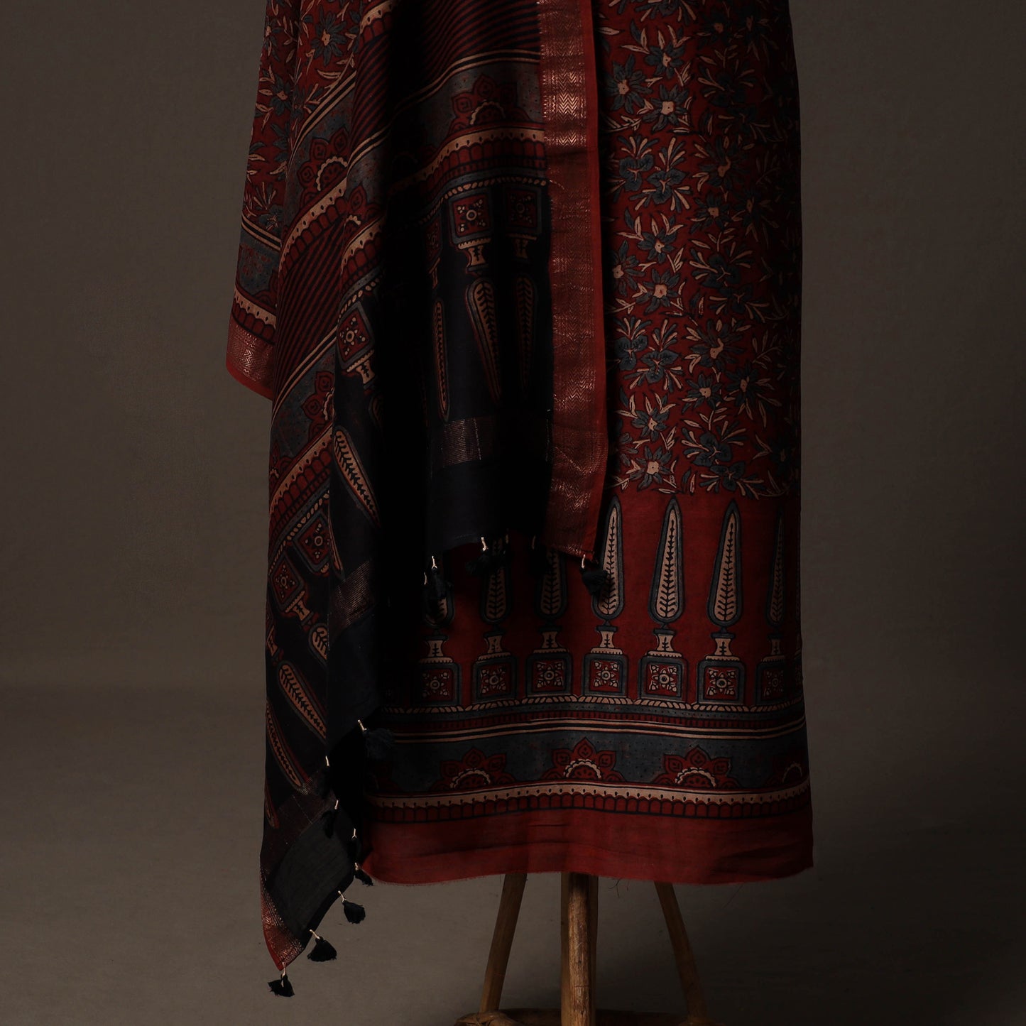 Ajrakh Hand Block Print Natural Dyed Chanderi Silk 2pc Unstitched Dress Material Kurta Set 15