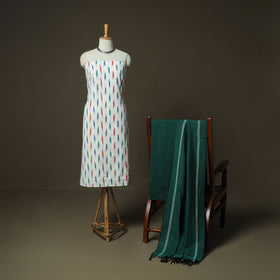white - Pochampally Ikat Weave Cotton 3pc Unstitched Dress Material Suit Set 04