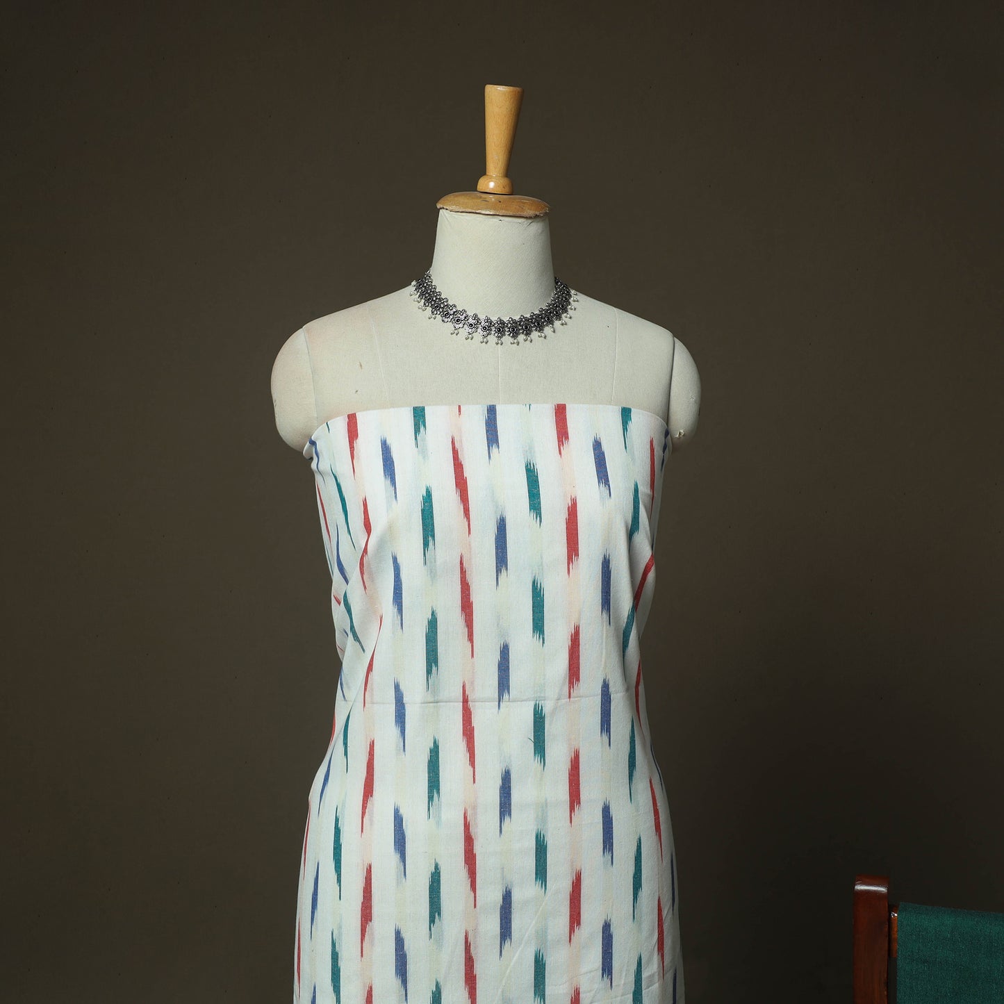white - Pochampally Ikat Weave Cotton 3pc Unstitched Dress Material Suit Set 04