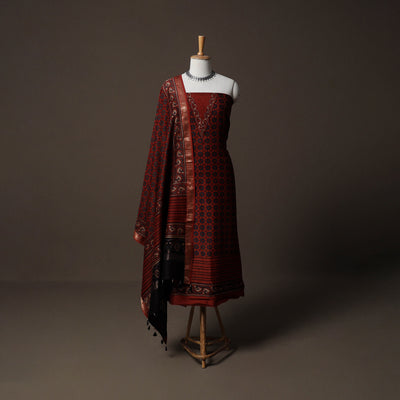 Ajrakh Hand Block Print Natural Dyed Chanderi Silk 2pc Unstitched Dress Material Kurta Set 16