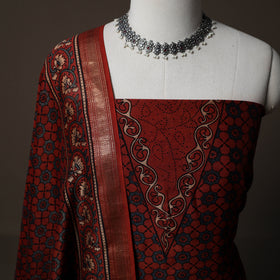 Ajrakh Hand Block Print Natural Dyed Chanderi Silk 2pc Unstitched Dress Material Kurta Set 16