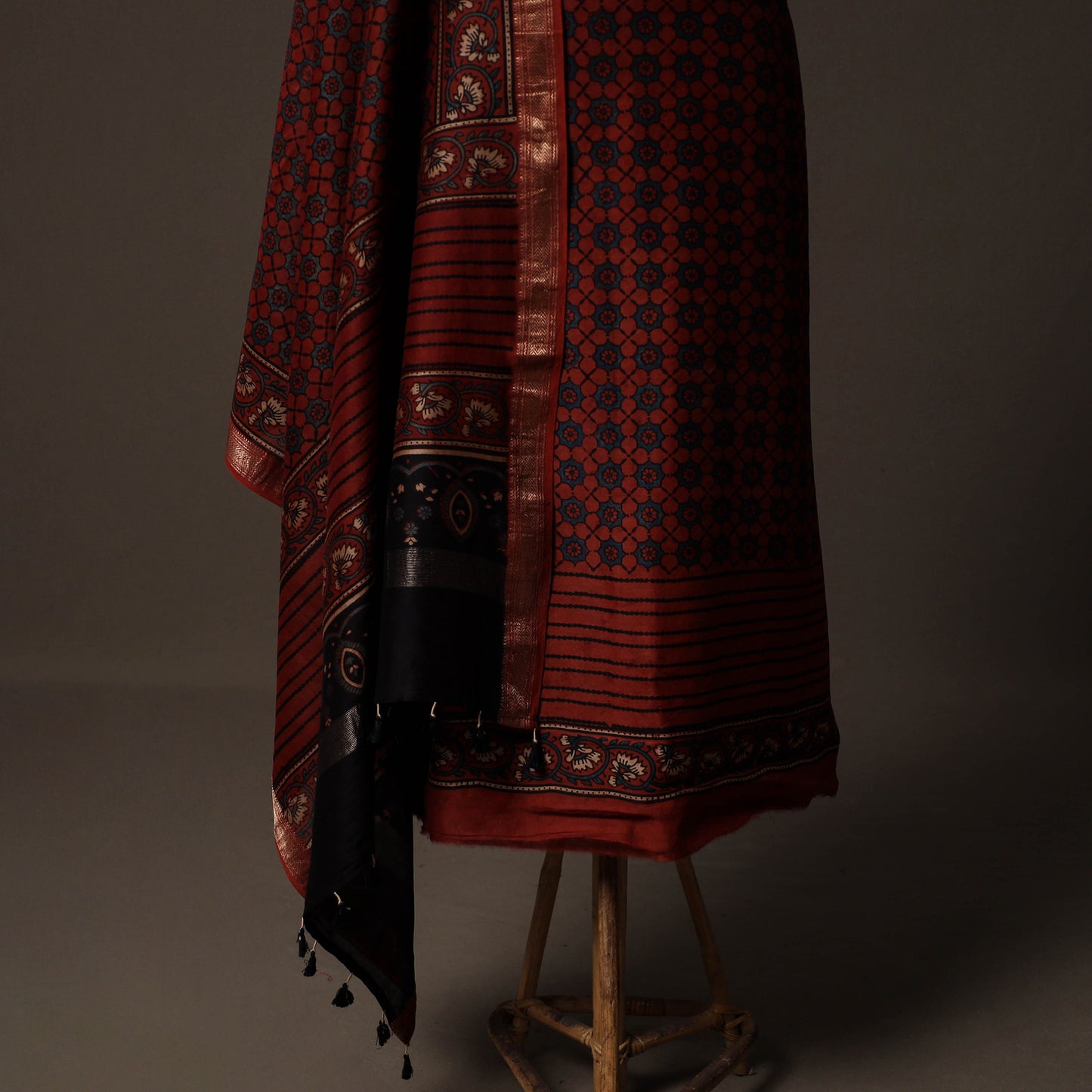 Ajrakh Hand Block Print Natural Dyed Chanderi Silk 2pc Unstitched Dress Material Kurta Set 16