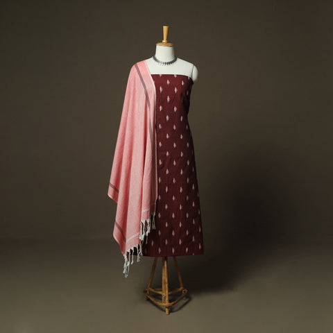 Maroon - Pochampally Ikat Weave Cotton 3pc Unstitched Dress Material Suit Set 05
