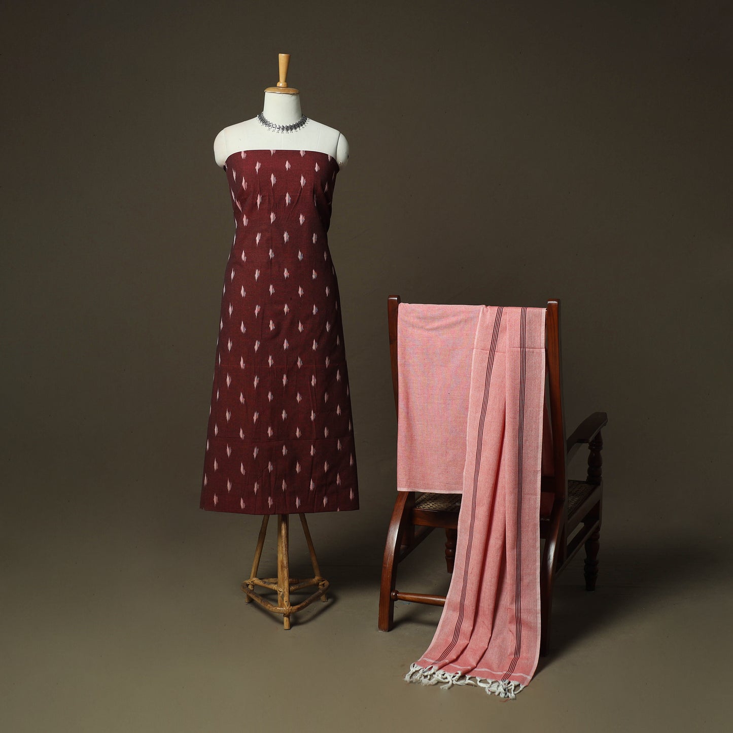 Maroon - Pochampally Ikat Weave Cotton 3pc Unstitched Dress Material Suit Set 05